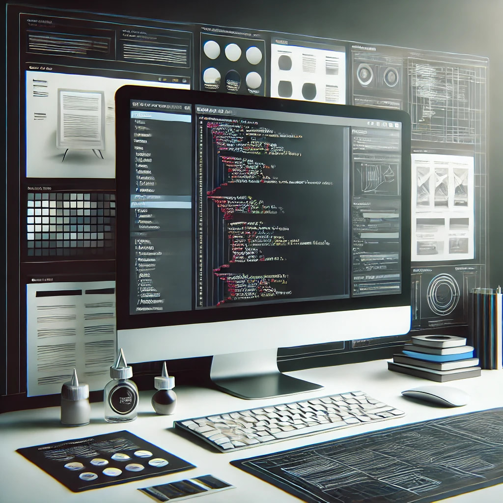 Environnement de développement web professionnel avec code et maquettes