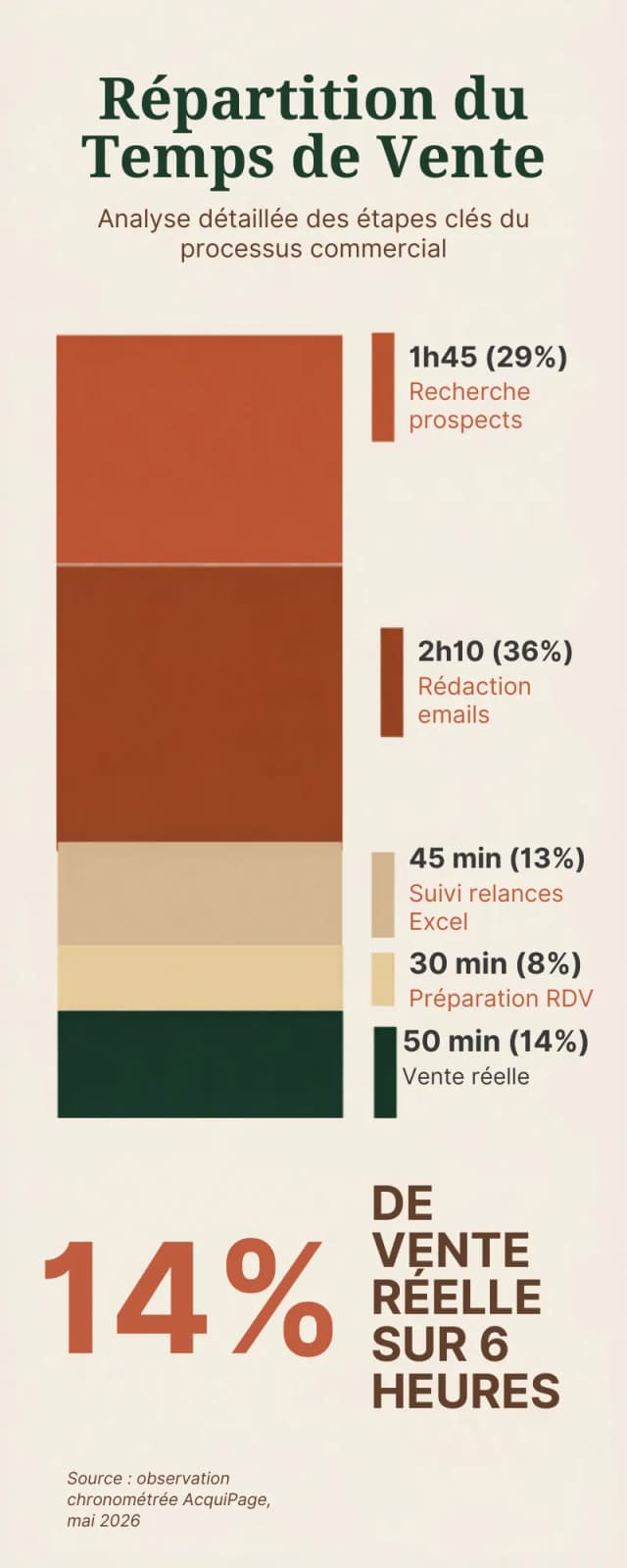 Répartition du temps commercial en PME - 70% administratif, 15% vente réelle